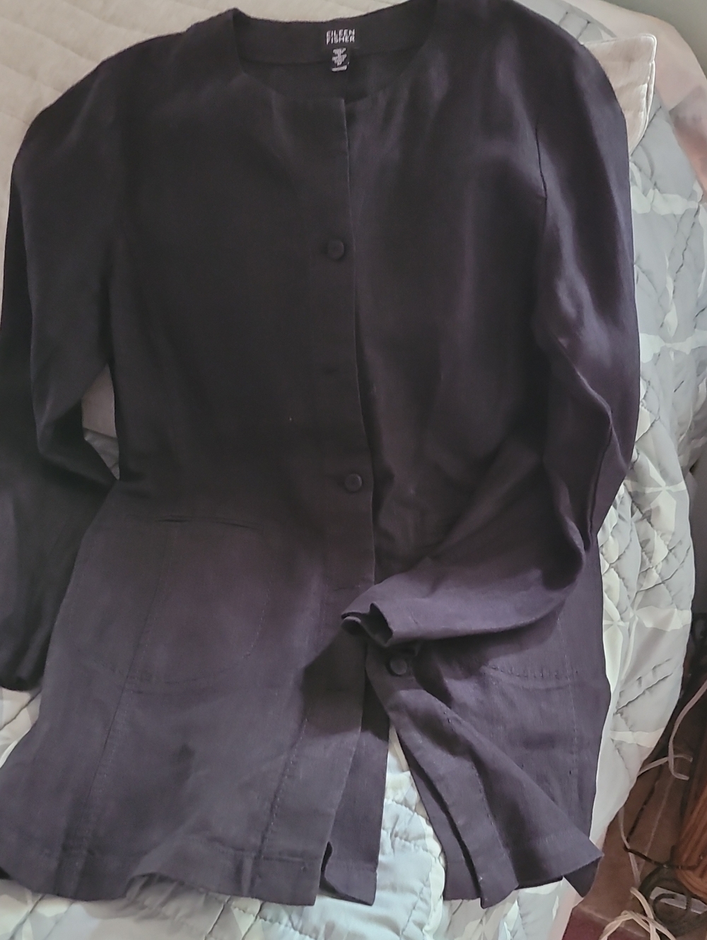 Eileen Fisher Black/Dark Charcoal Collarless Button Jacket